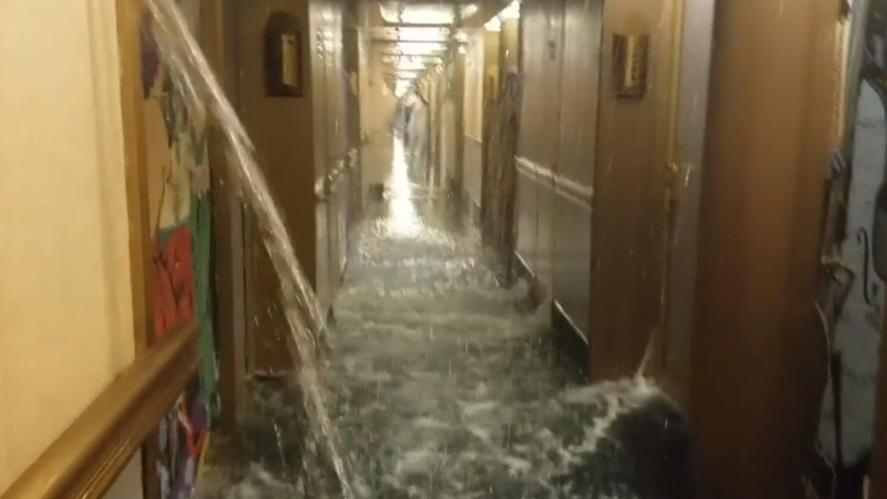 Footage shows Carnival cruise flooding with water due to issue with fire system