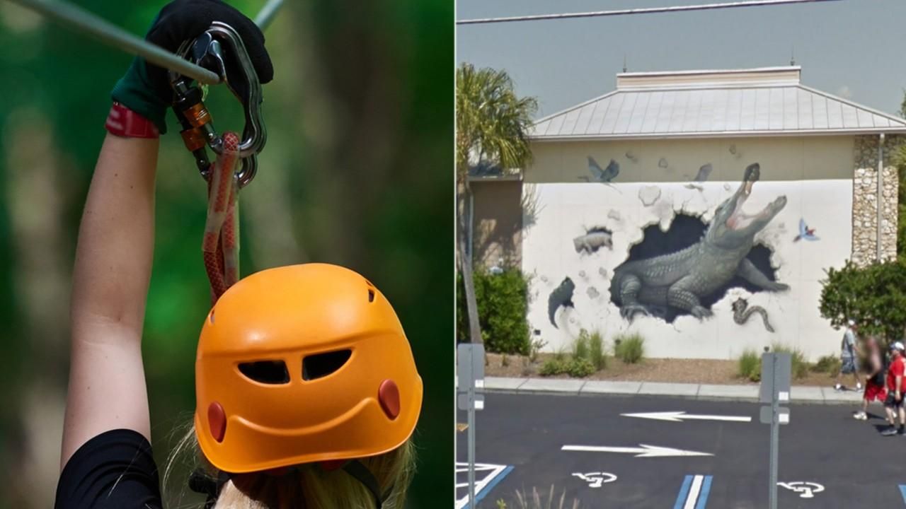 Man and child visiting Gatorland get stuck on zipline above alligator pool
