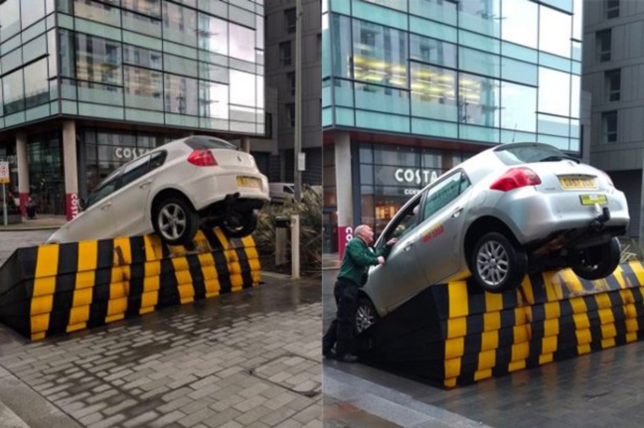 BBC and Coronation Street studios security barrier strands car in mid-air