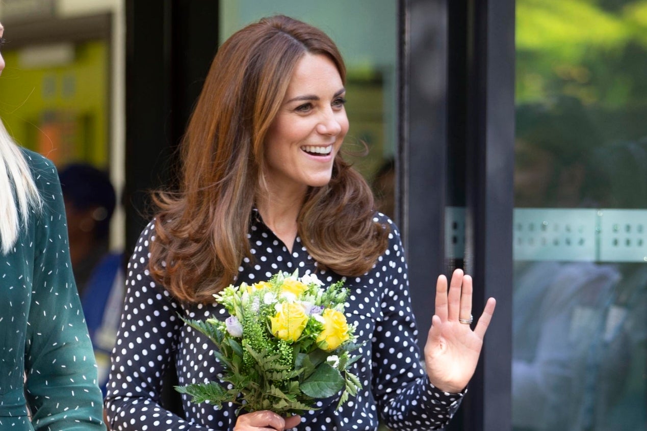 Kate Middleton wears a polka dot silk shirt by super cool Parisian label Equipment