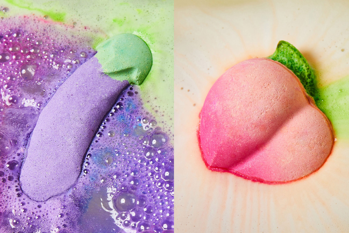 Eggplant and peach emoji-shaped bath products have arrived