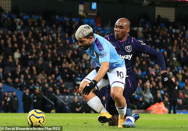 West Ham defender Angelo Ogbonna appears to grab Sergio Aguero by the testicles