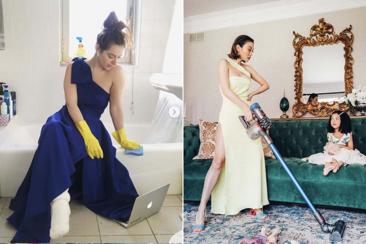 Woman models fancy gowns all-day to fight quarantine boredom