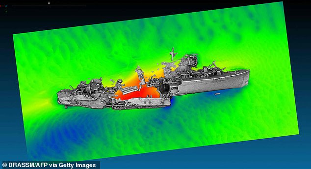 British WWII warship ‘Keith’ is seen for the first time in 80 years: Scientists use sonar to create a 3D model of the destroyer lying at the bottom of the Dunkirk channel