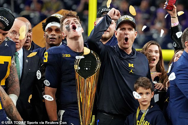 Michigan overcomes a season of scandal to beat Washington 34-13 and win the CFP National Championship game… as Jim Harbaugh celebrates with his family after winning his alma mater its first title since 1997