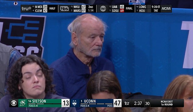 Bill Murray watches UConn blow out Stetson at March Madness as the comedian’s son Luke helps coach the Huskies to a dominant 91-52 victory
