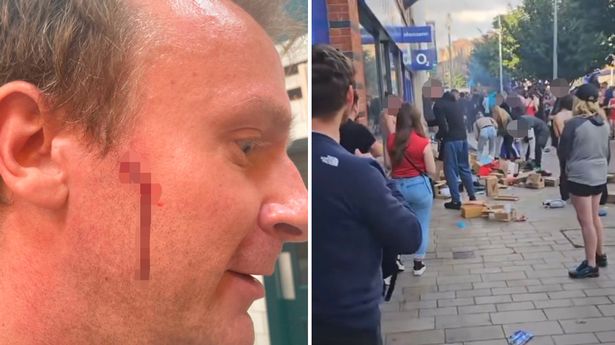 Bonking expert covered in beer, cut by razor and hit with flying kick while filming UK riot