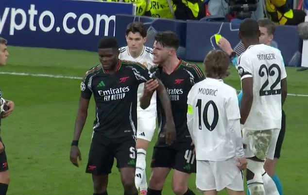 Declan Rice FUMES at Thomas Partey as Arsenal midfielder picks up late yellow card – ruling him out of PSG semi-final first leg