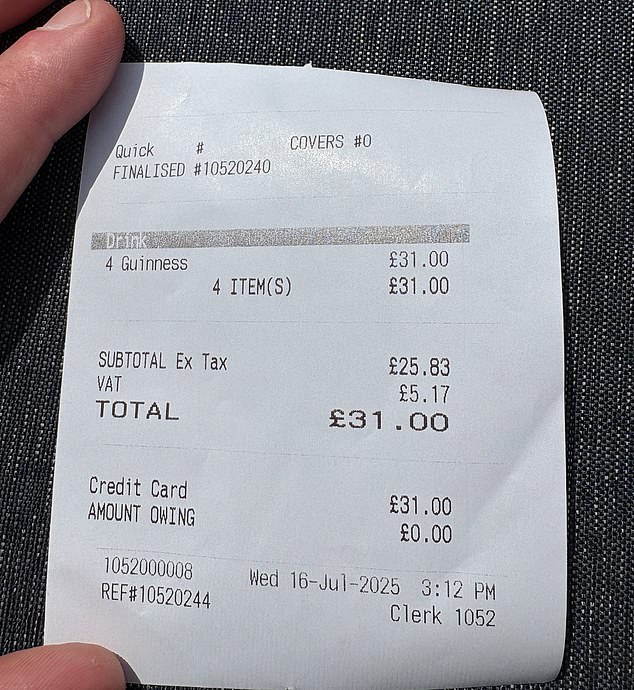 Guinness receipt reveals the remarkable prices golf fans are paying for booze at The Open