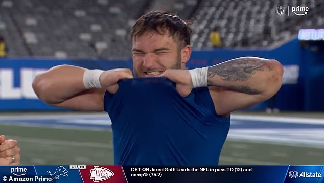 Giants rookie Cam Skattebo rips his shirt off and strips half-naked in wild live TV moment after win over Eagles