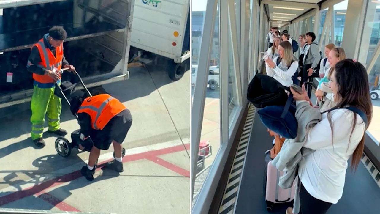 Crowd cheers as airport workers finally collapse stubborn baby stroller